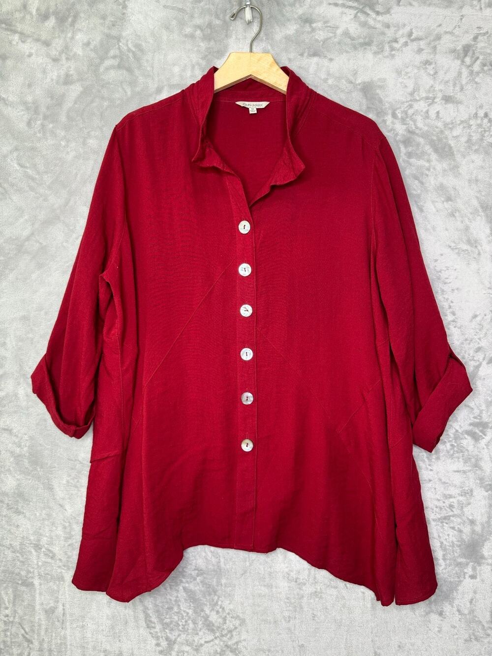 John Mark Top Womens 1X Deep Red 3/4 Sleeve Shell Button Front Wire Collar Boho
